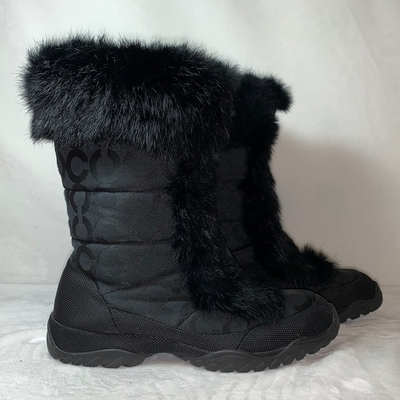 Coach Jennie Rabbit Fur Trimmed Snow Boots Logo Jacquard women’s size 6 - Picture 1 of 6